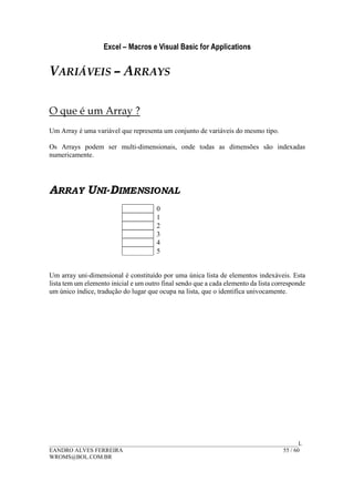 Excel – Macros e Visual Basic for Applications
______________________________________________________________________________________L
EANDRO ALVES FERREIRA 55 / 60
WROMS@BOL.COM.BR
VARIÁVEIS – ARRAYS
O que é um Array ?
Um Array é uma variável que representa um conjunto de variáveis do mesmo tipo.
Os Arrays podem ser multi-dimensionais, onde todas as dimensões são indexadas
numericamente.
ARRAY UNI-DIMENSIONAL
0
1
2
3
4
5
Um array uni-dimensional é constituído por uma única lista de elementos indexáveis. Esta
lista tem um elemento inicial e um outro final sendo que a cada elemento da lista corresponde
um único índice, tradução do lugar que ocupa na lista, que o identifica univocamente.
 