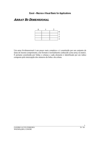 Excel – Macros e Visual Basic for Applications
______________________________________________________________________________________L
EANDRO ALVES FERREIRA 56 / 60
WROMS@BOL.COM.BR
ARRAY BI-DIMENSIONAL
0 1 2
0
1
2
3
Um array bi-dimensional é um pouco mais complexo e é constituído por um conjunto de
listas do mesmo comprimento, este formato é normalmente conhecido como array ou matriz.
É portanto constituída por linhas e colunas e cada elemento é identificado por um índice
composto pela intercepção dos números da linha e da coluna.
 