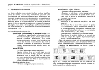 projeto de interiores . apostila de projeto executivo e detalhamento

3.2. Detalhes de áreas molhadas
As áreas molhadas dos projetos (banhos, lavabos, cozinhas,
áreas de serviço, saunas etc.) normalmente possuem uma
complexidade que demanda ampliações e/ou detalhamento em
separado complementares ao projeto executivo. A necessidade de
seus desenhos é inversamente proporcional à escala do projeto
executivo. Assim, se o projeto executivo do conjunto foi feito na
escala 1:100, por exemplo, provavelmente há especiﬁcidades de
tubulações, pisos, forros e iluminação que não foram contemplados
em seus desenhos e só aparecerão na escala de detalhamento
(normalmente 1:25).
Seu detalhamento é composto por:
. Planta geral compatibilizada do ambiente (escala 1:25).
. Indicações e especiﬁcações: alvenarias internas,
divisórias, tubulações, louças, metais, equipamentos
elétricos (chuveiros, aquecedores etc.), todos
devidamente cotados em seus eixos junto à parede
a que são aﬁxados e especiﬁcados. De modo a
simpliﬁcar o desenho, a especiﬁcação de louças,
metais e acessórios pode ser feita em quadro em
separado.
. Planta de piso
. Cf. tópico análogo em projetos executivos.
Especial cuidado deve ser tomado aqui com os
ralos de escoamento de água, pequenos desníveis
necessários junto às portas e ao “box” de banho,
bem como ao sentido de inclinação dos pisos. Sua
especiﬁcação pode ser feita no quadro junto às
louças, metais e acessórios.
. Planta de teto (ou forro).
. Cf. tópico análogo em projetos executivos.

19

. Elevações e/ou seções verticais
. Cf. tópico análogo em projetos executivos.
. Destinam-se sobretudo a mostrar a paginação dos
necessários revestimentos de parede destes locais,
bem como as alturas de acabamentos, bancadas e
eventuais enchimentos.
. Detalhes ampliados
Ampliam-se as pias, bancadas em geral, o box, e os
espelhos.
Da bancada, faz-se com vista superior da pedra
(1:10) constando a porção embutida na alvenaria e
os pontos de eventuais chumbadores metálicos. Caso
seja necessário, detalham-se também os arremates de
borda das bancadas (1:1, 1:2, 1:2.5)
Detalha-se o box à semelhança de portas e janelas.
Dependendo do projeto, detalha-se o arremate de
borda e a ﬁxação dos espelhos à parede (elevação,
seções e ampliações de borda)
. Caso não seja contratada uma empresa especializada
na fabricação de armários, estes deverão ser detalhados
aparte, conforme o tópico “Detalhe de objetos isolados”.
. Quadros de especiﬁcações de louças, metais e
acessórios.

Figura 6a - Exemplo de detalhamento de área molhada. No
caso, um banheiro detalhado originalmente em nove formatos A4,
conforme se vê nas reduções acima.

 