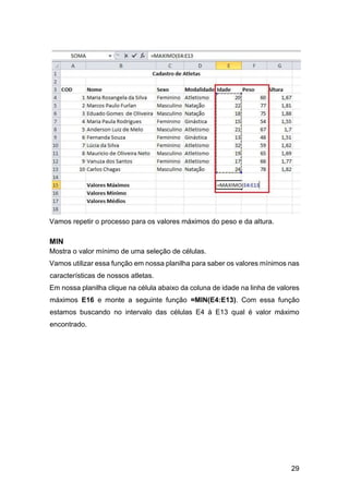29
Vamos repetir o processo para os valores máximos do peso e da altura.
MIN
Mostra o valor mínimo de uma seleção de células.
Vamos utilizar essa função em nossa planilha para saber os valores mínimos nas
características de nossos atletas.
Em nossa planilha clique na célula abaixo da coluna de idade na linha de valores
máximos E16 e monte a seguinte função =MIN(E4:E13). Com essa função
estamos buscando no intervalo das células E4 à E13 qual é valor máximo
encontrado.
 