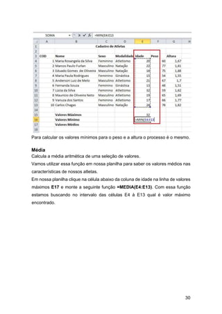 30
Para calcular os valores mínimos para o peso e a altura o processo é o mesmo.
Média
Calcula a média aritmética de uma seleção de valores.
Vamos utilizar essa função em nossa planilha para saber os valores médios nas
características de nossos atletas.
Em nossa planilha clique na célula abaixo da coluna de idade na linha de valores
máximos E17 e monte a seguinte função =MEDIA(E4:E13). Com essa função
estamos buscando no intervalo das células E4 à E13 qual é valor máximo
encontrado.
 
