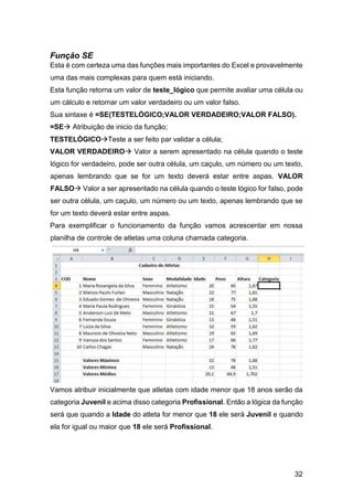 32
Função SE
Esta é com certeza uma das funções mais importantes do Excel e provavelmente
uma das mais complexas para quem está iniciando.
Esta função retorna um valor de teste_lógico que permite avaliar uma célula ou
um cálculo e retornar um valor verdadeiro ou um valor falso.
Sua sintaxe é =SE(TESTELÓGICO;VALOR VERDADEIRO;VALOR FALSO).
=SE Atribuição de inicio da função;
TESTELÓGICOTeste a ser feito par validar a célula;
VALOR VERDADEIRO Valor a serem apresentado na célula quando o teste
lógico for verdadeiro, pode ser outra célula, um caçulo, um número ou um texto,
apenas lembrando que se for um texto deverá estar entre aspas. VALOR
FALSO Valor a ser apresentado na célula quando o teste lógico for falso, pode
ser outra célula, um caçulo, um número ou um texto, apenas lembrando que se
for um texto deverá estar entre aspas.
Para exemplificar o funcionamento da função vamos acrescentar em nossa
planilha de controle de atletas uma coluna chamada categoria.
Vamos atribuir inicialmente que atletas com idade menor que 18 anos serão da
categoria Juvenil e acima disso categoria Profissional. Então a lógica da função
será que quando a Idade do atleta for menor que 18 ele será Juvenil e quando
ela for igual ou maior que 18 ele será Profissional.
 