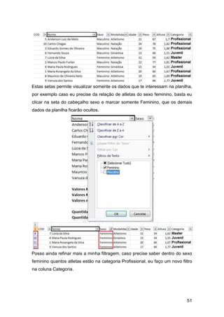 51
Estas setas permite visualizar somente os dados que te interessam na planilha,
por exemplo caso eu precise da relação de atletas do sexo feminino, basta eu
clicar na seta do cabeçalho sexo e marcar somente Feminino, que os demais
dados da planilha ficarão ocultos.
Posso ainda refinar mais a minha filtragem, caso precise saber dentro do sexo
feminino quantos atletas estão na categoria Profissional, eu faço um novo filtro
na coluna Categoria.
 