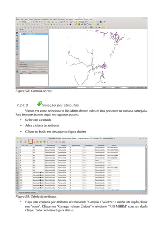 Figura 58: Camada de rios
7.2.4.3 Seleção por atributos
Vamos ver como selecionar o Rio Mirim dentre todos os rios presentes na camada carregada.
Para isso precisamos seguir os seguintes passos:
• Selecione a camada
• Abra a tabela de atributos
• Clique no botão em destaque na figura abaixo
Figura 59: Tabela de atributos
• Faça uma consulta por atributos selecionando "Campos e Valores" e dando um duplo clique
em "nome". Clique em "Carregar valores Únicos" e selecione "RIO MIRIM" com um duplo
clique. Tudo conforme figura abaixo.
 