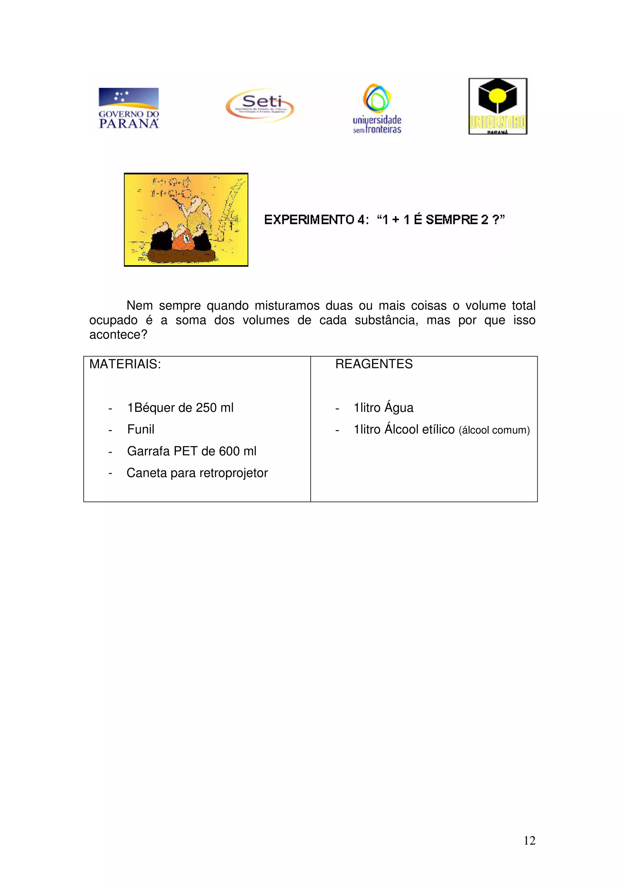 12
Nem sempre quando misturamos duas ou mais coisas o volume total
ocupado é a soma dos volumes de cada substância, mas por que isso
acontece?
MATERIAIS:
- 1Béquer de 250 ml
- Funil
- Garrafa PET de 600 ml
- Caneta para retroprojetor
REAGENTES
- 1litro Água
- 1litro Álcool etílico (álcool comum)
 