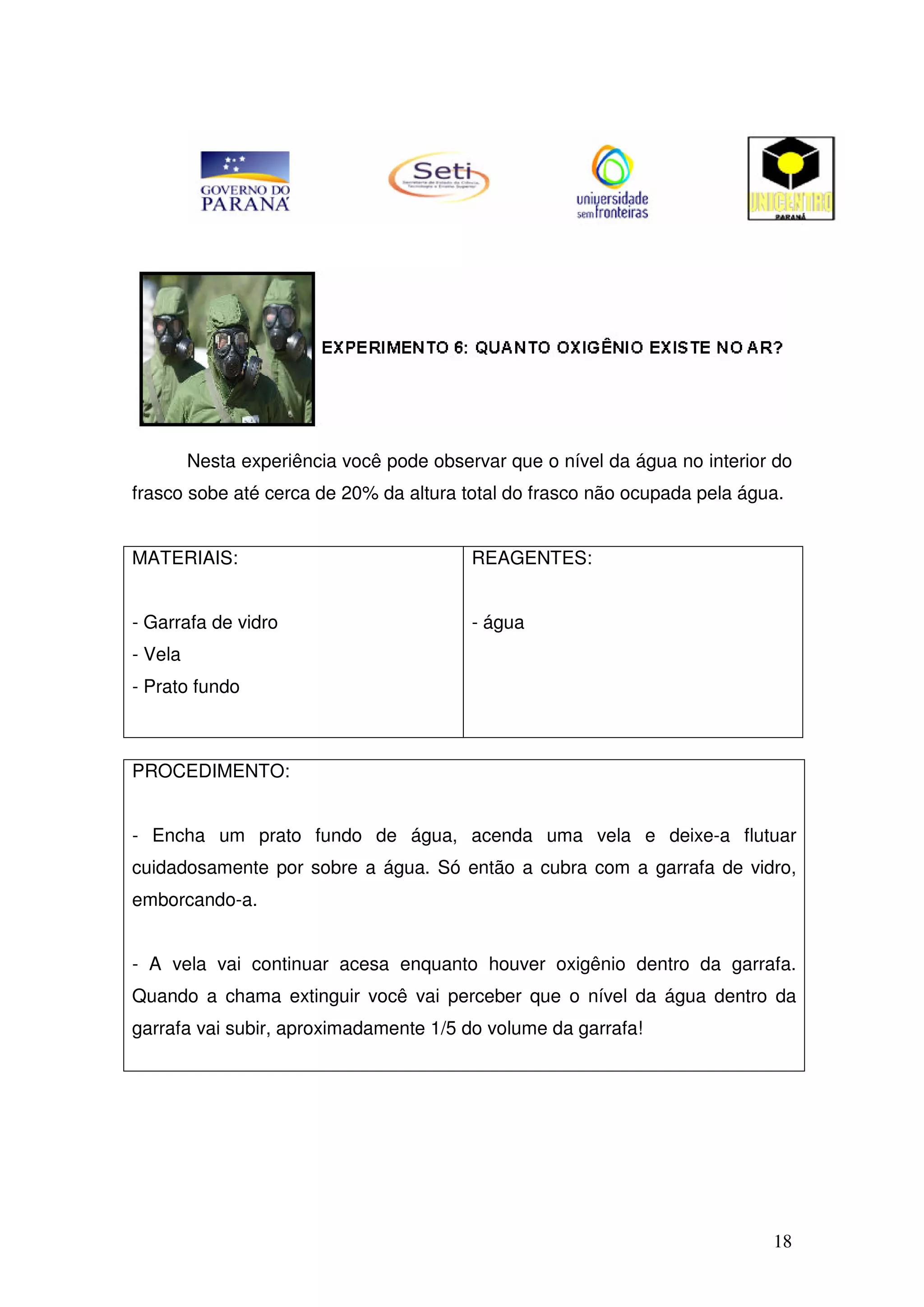 18
Nesta experiência você pode observar que o nível da água no interior do
frasco sobe até cerca de 20% da altura total do frasco não ocupada pela água.
MATERIAIS:
- Garrafa de vidro
- Vela
- Prato fundo
REAGENTES:
- água
PROCEDIMENTO:
- Encha um prato fundo de água, acenda uma vela e deixe-a flutuar
cuidadosamente por sobre a água. Só então a cubra com a garrafa de vidro,
emborcando-a.
- A vela vai continuar acesa enquanto houver oxigênio dentro da garrafa.
Quando a chama extinguir você vai perceber que o nível da água dentro da
garrafa vai subir, aproximadamente 1/5 do volume da garrafa!
 