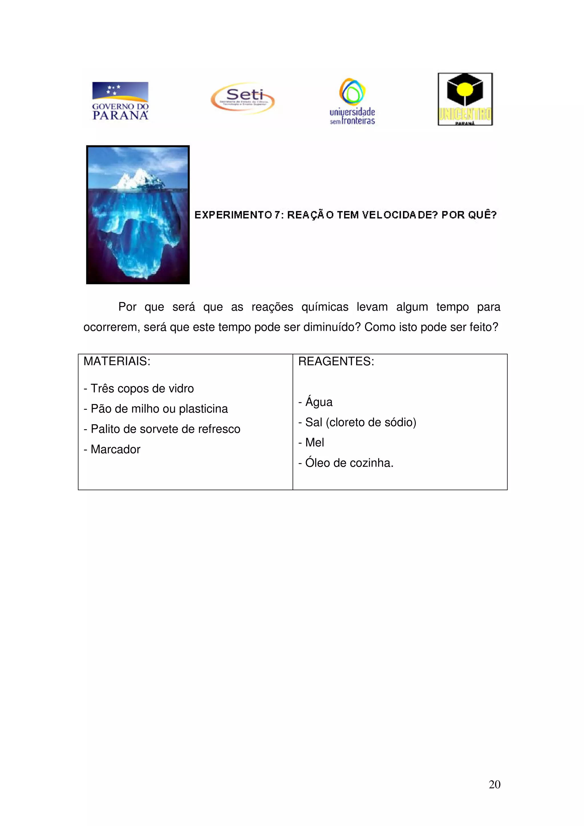 20
Por que será que as reações químicas levam algum tempo para
ocorrerem, será que este tempo pode ser diminuído? Como isto pode ser feito?
MATERIAIS:
- Três copos de vidro
- Pão de milho ou plasticina
- Palito de sorvete de refresco
- Marcador
REAGENTES:
- Água
- Sal (cloreto de sódio)
- Mel
- Óleo de cozinha.
 