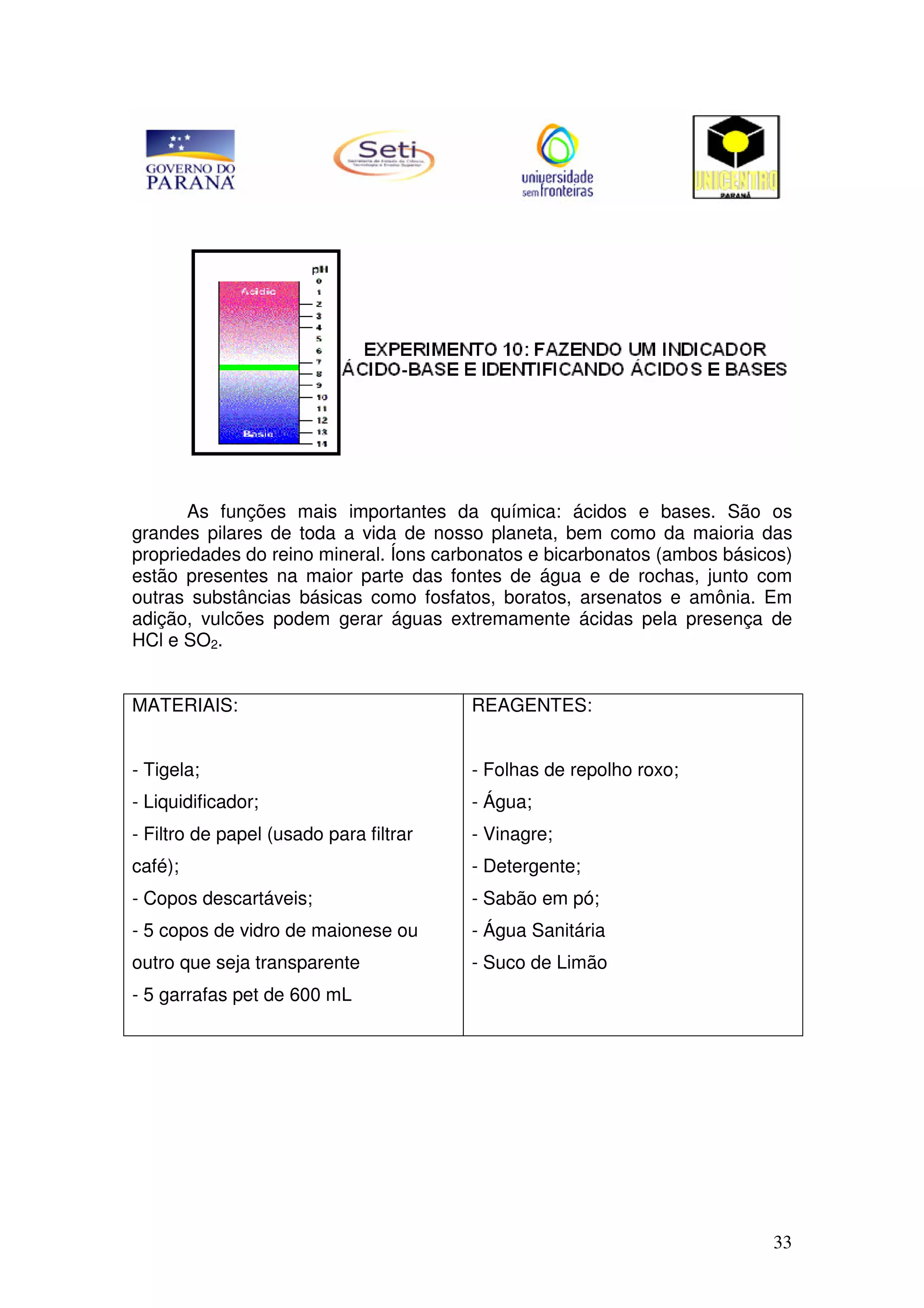 33
As funções mais importantes da química: ácidos e bases. São os
grandes pilares de toda a vida de nosso planeta, bem como da maioria das
propriedades do reino mineral. Íons carbonatos e bicarbonatos (ambos básicos)
estão presentes na maior parte das fontes de água e de rochas, junto com
outras substâncias básicas como fosfatos, boratos, arsenatos e amônia. Em
adição, vulcões podem gerar águas extremamente ácidas pela presença de
HCl e SO2.
MATERIAIS:
- Tigela;
- Liquidificador;
- Filtro de papel (usado para filtrar
café);
- Copos descartáveis;
- 5 copos de vidro de maionese ou
outro que seja transparente
- 5 garrafas pet de 600 mL
REAGENTES:
- Folhas de repolho roxo;
- Água;
- Vinagre;
- Detergente;
- Sabão em pó;
- Água Sanitária
- Suco de Limão
 