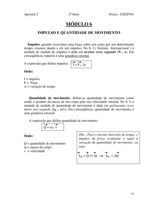 Apostila 2 2ª Série Física - CEESVO
15
MÓDULO 6
IMPULSO E QUANTIDADE DE MOVIMENTO
Impulso: quando exercemos uma força sobre um corpo por um determinado
tempo, estamos dando a ele um impulso. No S. I.( Sistema Internacional ) a
unidade de medida de impulso é dada em newton vezes segundo (N . s). Em
conseqüência, impulso é uma grandeza vetorial.
A expressão que define impulso:
Onde:
I = impulso
F = força
∆t = variação de tempo
Quantidade de movimento: define-se quantidade de movimento como
sendo o produto da massa de um corpo pela sua velocidade vetorial. No S. I. a
unidade de medida de quantidade de movimento é dada em quilograma vezes
metro por segundo (kg . m/s). Em conseqüência, quantidade de movimento é
uma grandeza vetorial.
A expressão que define quantidade de movimento:
Onde:
Q = quantidade de movimento
m = massa do corpo
v = velocidade
I = F . ∆t
Q = m . v
Obs.: Para o mesmo intervalo de tempo, o
impulso da força resultante é igual à
variação da quantidade de movimento, ou
seja:
IFR = Qf – Qi ou IFR = Q
 