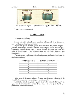 Apostila 2 2ª Série Física - CEESVO
38
Uma quilocaloria é igual a 1 000 calorias, ou seja, 1 Kcal = 1 000 cal.
Obs.: 1 cal ~ 4,2 J ( joule )
CALOR LATENTE
Leia o exemplo abaixo:
Ernesto estava tão animado com sua observação que não teve dúvidas: foi
para cozinha e resolveu fazer um teste.
Pegou uma panela pequena, pesou e colocou nela 100 gramas de gelo e
juntou 100 ml de água, até quase cobrir os cubos de gelo. Mexeu bem, até que o
termômetro marcasse perto de 00
C. Colocou a panela no fogão, com fogo bem
baixo, e foi anotando, a cada minuto, o valor da temperatura indicado pelo
termômetro.
Ficou assustado e achou que o termômetro estava quebrado, pois obteve os
seguintes resultados:
TEMPO (minutos) TEMPERATURA (ºC)
0 0,1
1 0,2
2 0,1
3 0,2
4 0,9
5 2,8
Mas, a partir do quinto minuto, Ernesto percebeu que todo gelo havia
derretido. Então, a temperatura da água começou a subir.
Confiante, Ernesto chegou à seguinte conclusão: enquanto havia gelo na
água, sua temperatura não variou. Mas, quando todo o gelo derreteu, a
temperatura começou a aumentar.
 