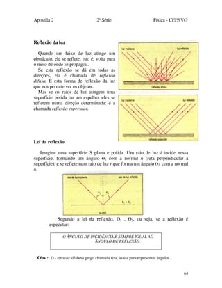 Apostila 2 2ª Série Física - CEESVO
63
Reflexão da luz
Quando um feixe de luz atinge um
obstáculo, ele se reflete, isto é, volta para
o meio de onde se propagou.
Se esta reflexão se dá em todas as
direções, ela é chamada de reflexão
difusa. É esta forma de reflexão da luz
que nos permite ver os objetos.
Mas se os raios de luz atingem uma
superfície polida ou um espelho, eles se
refletem numa direção determinada: é a
chamada reflexão especular.
Lei da reflexão
Imagine uma superfície S plana e polida. Um raio de luz i incide nessa
superfície, formando um ângulo Ө1 com a normal n (reta perpendicular à
superfície), e se reflete num raio de luz r que forma um ângulo Ө2 com a normal
n.
Segundo a lei da reflexão, Ө1 = Ө2, ou seja, se a reflexão é
especular:
Obs.: Ө - letra do alfabeto grego chamada teta, usada para representar ângulos.
O ÂNGULO DE INCIDÊNCIA É SEMPRE IGUAL AO
ÂNGULO DE REFLEXÃO.
 