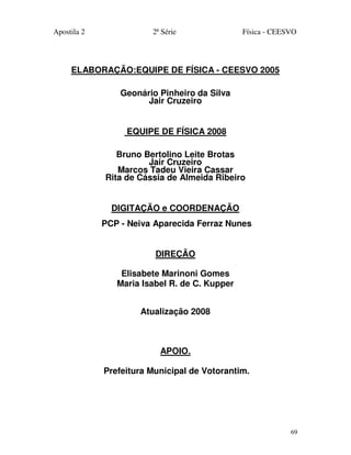 Apostila 2 2ª Série Física - CEESVO
69
ELABORAÇÃO:EQUIPE DE FÍSICA - CEESVO 2005
Geonário Pinheiro da Silva
Jair Cruzeiro
EQUIPE DE FÍSICA 2008
Bruno Bertolino Leite Brotas
Jair Cruzeiro
Marcos Tadeu Vieira Cassar
Rita de Cássia de Almeida Ribeiro
DIGITAÇÃO e COORDENAÇÃO
PCP - Neiva Aparecida Ferraz Nunes
DIREÇÃO
Elisabete Marinoni Gomes
Maria Isabel R. de C. Kupper
Atualização 2008
APOIO.
Prefeitura Municipal de Votorantim.
 