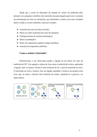 14 14
Desde que a teoria de destruição da camada de ozônio foi publicada pela
primeira vez, pesquisas científicas têm mostrado uma preocupação geral com o aumento
da concentração de cloro na estratosfera, que destruindo o ozônio, tem como resultado
danos à saúde e ao meio ambiente, como por exemplo:
Aumento dos casos de câncer de pele;
Danos aos olhos (aumento dos casos de cataratas);
Enfraquecimento do sistema imunológico;
Danos às plantações;
Danos aos organismos aquáticos (algas marinhas);
Aumento da temperatura ambiente.
Como o ozônio é destruído?
Primeiramente, a luz ultravioleta quebra a ligação de um átomo de cloro da
molécula de CFC. Em seguida, o átomo de cloro ataca a molécula do ozônio, quebrando
a ligação entre os átomos. Forma-se uma molécula de O2 e uma de monóxido de cloro.
O monóxido de cloro é instável, tem sua ligação quebrada e forma-se novamente cloro
livre, que vai atacar e destruir outra molécula de ozônio, repetindo-se o processo, ver
figura abaixo.
 