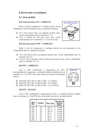 67 67
6.TESTE DOS ACESSÓRIOS
6.1. Teste do Relé
Relé Eletromecânico EM – EMBRACO
Retire o relé do compressor e verifique através de um
ohmímetro se há continuidade entre os seguintes terminais:
Se o relé estiver bom, em qualquer posição deve
existir continuidade entre os terminais 1 e 2;
Com a bobina do relé para cima deve existir
continuidade entre os terminais 1 e 3 e/ou 4 do relé.
Relé Eletromecânico F/PW – EMBRACO
Retire o relé do compressor e verifique através de um ohmímetro se há
continuidade entre os seguintes terminais:
Se o relé estiver bom, em qualquer posição deve existir continuidade entre os
terminais 10 e 12;
Com o relé na posição vertical, bobina para baixo, deve existir continuidade
entre os terminais 12 e 13.
Relé PTC - EMBRACO
Com o PTC estabilizado à temperatura de 25ºC,
desconectado do compressor, a resistência ôhmica medida entre os
terminais 2 e 3 do PTC deve estar dentro das faixas mencionadas
abaixo:
Relé PTC 8EA 1B1 ou 1B3 ou 1B4 – 3 a 5 Ohms;
Relé PTC 8EA 4B1 ou 4B3 ou 4B4 – 4 a 6 Ohms;
Relé PTC 8EA 5B1 ou 5B3 ou 5B4 – 15 a 25 Ohms.
Relé PTC - KLIXON
Com o PTC estabilizado à temperatura de 25ºC, a resistência ôhmica medida
entre os terminais 2 e 3 do PTC deve estar dentro das faixas da tabela abaixo:
 