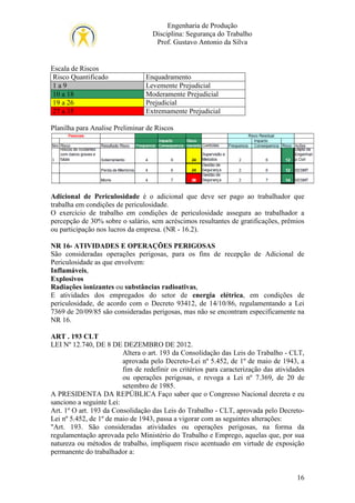 Engenharia de Produção
Disciplina: Segurança do Trabalho
Prof. Gustavo Antonio da Silva

Escala de Riscos
Risco Quantificado
1a9
10 a 18
19 a 26
27 a 35

Enquadramento
Levemente Prejudicial
Moderamente Prejudicial
Prejudicial
Extremamente Prejudicial

Planilha para Analise Preliminar de Riscos

Adicional de Periculosidade é o adicional que deve ser pago ao trabalhador que
trabalha em condições de periculosidade.
O exercício de trabalho em condições de periculosidade assegura ao trabalhador a
percepção de 30% sobre o salário, sem acréscimos resultantes de gratificações, prêmios
ou participação nos lucros da empresa. (NR - 16.2).
NR 16- ATIVIDADES E OPERAÇÕES PERIGOSAS
São consideradas operações perigosas, para os fins de recepção de Adicional de
Periculosidade as que envolvem:
Inflamáveis,
Explosivos
Radiações ionizantes ou substâncias radioativas,
E atividades dos empregados do setor de energia elétrica, em condições de
periculosidade, de acordo com o Decreto 93412, de 14/10/86, regulamentando a Lei
7369 de 20/09/85 são consideradas perigosas, mas não se encontram especificamente na
NR 16.
ART . 193 CLT
LEI Nº 12.740, DE 8 DE DEZEMBRO DE 2012.
Altera o art. 193 da Consolidação das Leis do Trabalho - CLT,
aprovada pelo Decreto-Lei nº 5.452, de 1º de maio de 1943, a
fim de redefinir os critérios para caracterização das atividades
ou operações perigosas, e revoga a Lei nº 7.369, de 20 de
setembro de 1985.
A PRESIDENTA DA REPÚBLICA Faço saber que o Congresso Nacional decreta e eu
sanciono a seguinte Lei:
Art. 1º O art. 193 da Consolidação das Leis do Trabalho - CLT, aprovada pelo DecretoLei nº 5.452, de 1º de maio de 1943, passa a vigorar com as seguintes alterações:
"Art. 193. São consideradas atividades ou operações perigosas, na forma da
regulamentação aprovada pelo Ministério do Trabalho e Emprego, aquelas que, por sua
natureza ou métodos de trabalho, impliquem risco acentuado em virtude de exposição
permanente do trabalhador a:

16

 