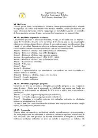 Engenharia de Produção
Disciplina: Segurança do Trabalho
Prof. Gustavo Antonio da Silva

NR 14 - Fornos
Discorre que os fornos, independente da utilização, devem possuir características mínimas
de segurança tais como revestimento com material refratário, devem ser instalados em
locais adequados oferecendo conforto e segurança aos trabalhadores, devem ser instalados
de forma a evitar o acúmulo de gases nocivos e altas temperaturas em áreas vizinhas,
NR 15 – Atividades e operações insalubres
Caracterizam quais são as atividades insalubres, ou seja, as atividades que são nocivas à
saúde do trabalhador. Discorre sobre os limites de tolerância, que são as concentrações
máximas ou mínimas, de acordo com o tempo de exposição ao agente que não causará dano
a saúde e à integridade física do trabalhador e também trata dos adicionais de insalubridade
caso o trabalhador se encontre em um ambiente caracterizado como insalubre.
Anexo 1 – Limites de tolerância para ruído contínuo ou intermitente;
Anexo 2 – Limites de tolerância para ruídos de impacto;
Anexo 3 – Limites de tolerância para exposição ao calor;
Anexo 4 – Revogado pela portaria nº 3.751, de 23/11/1990;
Anexo 5 – Limites de tolerância para radiações ionizantes;
Anexo 7 – Radiações não ionizantes;
Anexo 8 – Vibrações;
Anexo 9 – Frio;
Anexo 10 – Umidade;
Anexo 11 – Agentes químicos cuja insalubridade é caracterizada por limite de tolerância e
inspeção no local de trabalho;
Anexo 12 – Limites de tolerância para poeiras minerais;
Anexo 13 – Agentes químicos;
Anexo 14 – Agentes biológicos.
NR 16 – Atividades e operações perigosas
Caracteriza os tipos de atividades e operações consideradas perigosas e suas respectivas
áreas de risco. Dispõe que é assegurado ao trabalhador que exerce sua função em
condições de periculosidade um adicional de 30%, sobre o salário sem os acréscimos e
gratificações.
Anexo 1 – Atividades e operações perigosas com explosivos;
Anexo 2 – Atividades e operações perigosas com inflamáveis;
Anexo* - Atividades e operações perigosas com radiações ionizantes ou substâncias
radioativas, atividades/áreas de risco.
Decreto Nº 93412 de 1986 - institui salário adicional para empregados do setor de energia
elétrica, em condições de periculosidade
NR 17 – Ergonomia
Discorre sobre a ergonomia no ambiente de trabalho impondo normas a serem seguidas a
fim de se proporcionar ao trabalhador, o mínimo de conforto e segurança na realização de
suas atividades, uma vez que nelas se incluem levantamento e transporte de materiais,
mobiliário, condições ambientais do posto de trabalho e organização do trabalho. Ela

26

 