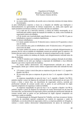 Engenharia de Produção
Disciplina: Segurança do Trabalho
Prof. Gustavo Antonio da Silva
suas atividades;
• no exame médico periódico, de acordo com os intervalos mínimos de tempo abaixo
discriminados:
a) para trabalhadores expostos a riscos ou a situações de trabalho que impliquem o
desencadeamento ou agravamento de doença ocupacional, ou, ainda, para aqueles que
sejam portadores de doenças crônicas, os exames deverão ser repetidos:
a.1) a cada ano ou a intervalos menores, a critério do médico encarregado, ou se
notificado pelo médico agente da inspeção do trabalho, ou, ainda, como resultado de
negociação coletiva de trabalho;
a.2) de acordo com à periodicidade especificada no Anexo n.º 6 da NR 15, para os
trabalhadores expostos a condições hiperbáricas;
b) para os demais trabalhadores:
b.1) anual, quando menores de 18 (dezoito) anos e maiores de 45 (quarenta e cinco)
anos de idade;
b.2) a cada dois anos, para os trabalhadores entre 18 (dezoito) anos e 45 (quarenta e
cinco) anos de idade.
No exame médico de retorno ao trabalho, deverá ser realizada obrigatoriamente no
primeiro dia da volta ao trabalho de trabalhador ausente por período igual ou superior a 30
(trinta) dias por motivo de doença ou acidente, de natureza ocupacional ou não, ou parto.
No exame médico de mudança de função, será obrigatoriamente realizada antes da
data da mudança.
Na NR 07 entende-se por mudança de função toda e qualquer alteração de atividade,
posto de trabalho ou de setor que implique a exposição do trabalhador a risco diferente
daquele a que estava exposto antes da mudança.
No exame médico demissional, será obrigatoriamente realizada até a data da
homologação, desde que o último exame médico ocupacional tenha sido realizado há mais
de:
• 135 (centro e trinta e cinco) dias para as empresas de grau de risco 1 e 2, segundo o
Quadro I da NR-4;
• 90 (noventa) dias para as empresas de grau de risco 3 e 4, segundo o Quadro I da
NR-4.
As empresas enquadradas no grau de risco 1 ou 2, segundo o Quadro I da NR-4,
poderão ampliar o prazo de dispensa da realização do exame demissional em até mais 135
(cento e trinta e cinco) dias, em decorrência de negociação coletiva, assistida por
profissional indicado de comum acordo entre as partes ou por profissional do órgão
regional competente em segurança e saúde no trabalho.
As empresas enquadradas no grau de risco 3 ou 4, segundo o Quadro I da NR 4,
poderão ampliar o prazo de dispensa da realização do exame demissional em até mais 90
(noventa) dias, em decorrência de negociação coletiva assistida por profissional indicado de
comum acordo entre as partes ou por profissional do órgão regional competente em
segurança e saúde no trabalho.
Por determinação do Delegado Regional do Trabalho, com base em parecer técnico
conclusivo da autoridade regional competente em matéria de segurança e saúde do
trabalhador, ou em decorrência de negociação coletiva, as empresas poderão ser obrigadas a
realizar o exame médico demissional independentemente da época de realização de
60

 