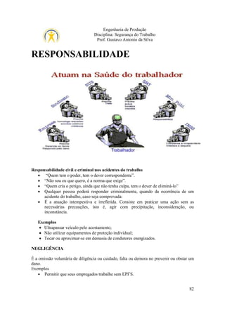 Engenharia de Produção
Disciplina: Segurança do Trabalho
Prof. Gustavo Antonio da Silva

RESPONSABILIDADE

Responsabilidade civil e criminal nos acidentes do trabalho
• “Quem tem o poder, tem o dever correspondente”.
• “Não sou eu que quero, é a norma que exige”.
• “Quem cria o perigo, ainda que não tenha culpa, tem o dever de eliminá-lo”
• Qualquer pessoa poderá responder criminalmente, quando da ocorrência de um
acidente do trabalho, caso seja comprovada:
• É a atuação intempestiva e irrefletida. Consiste em praticar uma ação sem as
necessárias precauções, isto é, agir com precipitação, inconsideração, ou
inconstância.
Exemplos
• Ultrapassar veículo pelo acostamento;
• Não utilizar equipamentos de proteção individual;
• Tocar ou aproximar-se em demasia de condutores energizados.
NEGLIGÊNCIA
É a omissão voluntária de diligência ou cuidado, falta ou demora no prevenir ou obstar um
dano.
Exemplos
• Permitir que seus empregados trabalhe sem EPI’S.
82

 