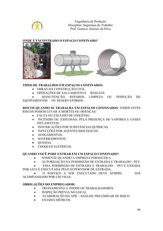 Engenharia de Produção
Disciplina: Segurança do Trabalho
Prof. Gustavo Antonio da Silva

ONDE É ENCONTRADO O ESPAÇO CONFINADO?

TIPOS DE TRABALHOS EM ESPAÇOS CONFINADOS:
• OBRAS DA CONSTRUÇÃO CIVIL.
• OPERAÇÕES DE SALVAMENTO E RESGATE.
•
MANUTENÇÃO, REPAROS, LIMPEZA OU
EQUIPAMENTOS OU RESERVATÓRIOS.

INSPEÇÃO

DE

RISCOS QUANDO SE TRABALHA EM ESPAÇOS CONFINADOS. TODOS ESTES
RISCOS PODEM LEVAR A MORTES OU DOENÇAS:
• FALTA OU EXCESSO DE OXIGÊNIO.
• INCÊNDIO OU EXPLOSÃO, PELA PRESENÇA DE VAPORES E GASES
INFLAMÁVEIS.
• INTOXICAÇÕES POR SUBSTÂNCIAS QUÍMICAS.
• INFECÇÕES POR AGENTES BIOLÓGICOS.
• AFOGAMENTOS.
• SOTERRAMENTOS.
• QUEDAS.
• CHOQUES ELÉTRICOS.
QUANDO VOCÊ PODE ENTRAR EM UM ESPAÇO CONFINADO?
•
SOMENTE QUANDO A EMPRESA FORNECER A
•
AUTORIZAÇÃO NA PERMISSÃO DE ENTRADA E TRABALHO - PET,
•
ESSA PERMISSÃO DE ENTRADA E TRABALHO - PET É EXIGIDA
POR LEI E É EXECUTADA PELO SUPERVISOR DE ENTRADA.
•
O SERVIÇO A SER EXECUTADO DEVE SEMPRE
SER
ACOMPANHADO POR UM VIGIA.
OBRIGAÇÕES DO EMPREGADOR:
•
TREINAMENTO A TODOS OS TRABALHADORES.
•
INSPEÇÃO PRÉVIA NO LOCAL
•
ELABORAÇÃO DA APR – ANÁLISE PRELIMINAR DE RISCO.
•
EXAMES MÉDICOS.
98

 