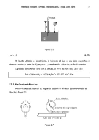 FENÔMENOS DE TRANSPORTE – CAPÍTULO 2 – PROFESSORES: CAMILA - EVALDO – LAURA - VICTOR 17 
Figura 2.6 
pat =γ .h (2.16) 
O líquido utilizado é, geralmente, o mercúrio, já que o seu peso específico é 
elevado resultando valor de (h) pequeno , podendo então utilizar tubos de vidro curtos. 
A pressão atmosférica varia com a altitude, ao nível do mar o seu valor vale: 
Pat = 760 mmHg = 10.330 kgf/m2 = 101.300 N/m2 (Pa) 
2.7.2. Manômetro de Bourdon 
Pressões efetivas positivas ou negativas podem ser medidas pelo manômetro de 
Bourdon, figura 2.7. 
Figura 2.7 
 