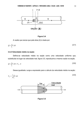 FENÔMENOS DE TRANSPORTE – CAPÍTULO 3 – PROFESSORES: CAMILA - EVALDO – LAURA - VICTOR 32 
Figura 3.4 
A vazão que escoa que pela área (A) é dada por: 
Q V.dA (3.7) 
= ∫ 
A 
3.4.2 Velocidade média na seção 
Define-se velocidade média na seção como uma velocidade uniforme que, 
substituída no lugar da velocidade real, figura 3.5, reproduziria a mesma vazão na seção. 
= ∫ . = . (3.8) 
Q V dA V A m 
A 
Dessa igualdade, surge a expressão para o cálculo da velocidade média na seção: 
V 1 . (3.9) 
= ∫ 
m V dA 
A 
A 
Figura 3.5 
 