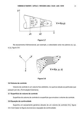 FENÔMENOS DE TRANSPORTE – CAPÍTULO 3 – PROFESSORES: CAMILA - EVALDO – LAURA - VICTOR 35 
Figura 3.7 
No escoamento tridimensional, por exemplo, a velocidade varia nos planos (x), (y), 
e (z), figura 3.8. 
Figura 3.8 
3.6 Volume de controle 
Volume de controle é um volume fixo arbitrário, no qual se estuda as partículas que 
passam por ele. (Formulação Euloriana). 
3.7 Superfície do volume de controle 
Superfície do volume de controle é a superfície que envolve o volume de controle. 
3.8 Equação da continuidade 
Suponha um escoamento genérico através de um volume de controle (Vc), figura 
3.9. Com base na figura anuncia-se a equação da continuidade: 
 