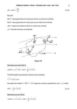 FENÔMENOS DE TRANSPORTE – CAPÍTULO 3 – PROFESSORES: CAMILA - EVALDO – LAURA - VICTOR 36 
Qm Qm M 
1− 2 = (3.16) 
t 
Δ 
Δ 
Na qual: 
Qm1 = descarga fluida em massa que entra no volume de controle; 
Qm2 = descarga fluida em massa que sai do volume de controle; 
ΔM = massa acumulada do fluido no volume de controle; 
Δt = intervalo de tempo considerado. 
Figura 3.9 
Descarga que entra (Qm1): 
→ → → → d Qm = V d A ∴Qm = ∫ V d A 
( 1) ρ . . ( ) 1 ρ 
. . ( ) 1 1 1 
1 
A 
1 
Transformação de grandezas vetoriais para escalares: 
→ → 
V . A = V . A. cos.θ 
Na seção de entrada: θ > 900 
; θ < 2700 (segundo e terceiro quadrantes), cos θ = (-), então: 
→ → Qm = − ∫ V d A 
1 . . ( ) 1 
1 
1 
A 
ρ (3.17) 
Descarga que sai (Qm2): 
→ → → → d Qm = ρ V d A ∴Qm = ∫ ρ 
V d A 
( 2) . . ( ) 2 . . ( ) 2 2 2 
2 
A 
1 
 
