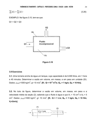 FENÔMENOS DE TRANSPORTE – CAPÍTULO 3 – PROFESSORES: CAMILA - EVALDO – LAURA - VICTOR 39 
Σ( ) =Σ( ) e s Q Q (3.26) 
EXEMPLO: Na figura 3.10, tem-se que: 
Q1 = Q2 + Q3 
Figura 3.10 
3.9 Exercícios 
3.1. Uma torneira enche de água um tanque, cuja capacidade é de 6.000 litros, em 1 hora 
e 40 minutos. Determinar a vazão em volume, em massa, e em peso em unidade (SI). 
Dados: ρH2O=1000 kg/m3, g= 10 m/s2. [R.: Q = 10-3 m3/s; Qm = 1 kg/s; QG = 10 N/s]. 
3.2. No tubo da figura, determinar a vazão em volume, em massa, em peso e a 
velocidade média da seção (2), sabendo que o fluido é água e que A1 = 10 cm2 e A2 = 5 
cm2. Dados: ρH2O=1000 kg/m3, g= 10 m/s2. [R.: Q = 1 L/s; Qm = 1 kg/s; QG = 10 N/s; 
V2=2m/s]. 
 