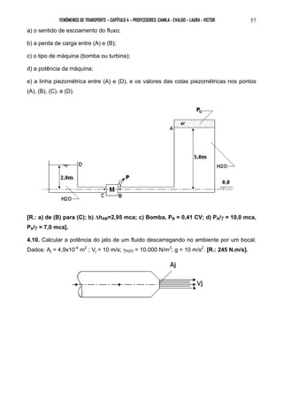 FENÔMENOS DE TRANSPORTE – CAPÍTULO 4 – PROFESSORES: CAMILA - EVALDO – LAURA - VICTOR 57 
a) o sentido de escoamento do fluxo; 
b) a perda de carga entre (A) e (B); 
c) o tipo de máquina (bomba ou turbina); 
d) a potência da máquina; 
e) a linha piezométrica entre (A) e (D), e os valores das cotas piezométricas nos pontos 
(A), (B), (C), e (D). 
[R.: a) de (B) para (C); b) ΔhAB=2,95 mca; c) Bomba, PB = 0,41 CV; d) PA/γ = 10,0 mca, 
Pb/γ = 7,0 mca]. 
4.10. Calcular a potência do jato de um fluido descarregando no ambiente por um bocal. 
Dados: Aj = 4,9x10-4 m2 ; Vj = 10 m/s; γH2O = 10.000 N/m3; g = 10 m/s2. [R.: 245 N.m/s]. 
 