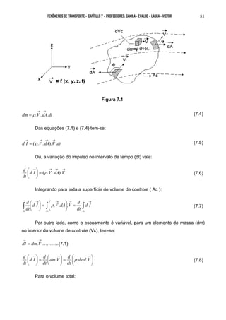 FENÔMENOS DE TRANSPORTE – CAPÍTULO 7 – PROFESSORES: CAMILA - EVALDO – LAURA - VICTOR 81 
Figura 7.1 
→ → 
= ρ (7.4) 
dm .V .dA.dt 
Das equações (7.1) e (7.4) tem-se: 
→ → → → 
= ρ (7.5) 
d I ( .V .dA).V .dt 
Ou, a variação do impulso no intervalo de tempo (dt) vale: 
d (ρ . . ). (7.6) 
d I  
V dA V 
dt 
→ → → → 
=  
 
Integrando para toda a superfície do volume de controle ( Ac ): 
d d I ρ . V . dA  
. V d 
(7.7) 
=   
 
∫ ∫ ∫ → → → → 
=  
 
 
 
Ac Ac Ac 
d I 
dt 
dt 
Por outro lado, como o escoamento é variável, para um elemento de massa (dm) 
no interior do volume de controle (Vc), tem-se: 
→ → 
dI = dm.V ………..(7.1) 
d . ρ . .  
(7.8) 
 
dm V d 
d I d 
 → → → 
=   
 
=   
 
 
 
dvol V 
dt 
dt 
dt 
Para o volume total: 
 