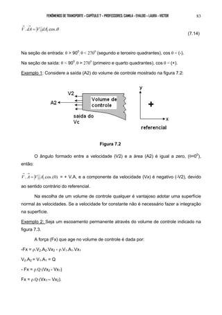 FENÔMENOS DE TRANSPORTE – CAPÍTULO 7 – PROFESSORES: CAMILA - EVALDO – LAURA - VICTOR 83 
→ → 
V .dA = V . dA.cos.θ 
(7.14) 
Na seção de entrada: θ > 900 
; θ < 2700 (segundo e terceiro quadrantes), cos θ = (-). 
Na seção de saída: θ < 900 
; θ > 2700 (primeiro e quarto quadrantes), cos θ = (+). 
Exemplo 1: Considere a saída (A2) do volume de controle mostrado na figura 7.2: 
Figura 7.2 
O ângulo formado entre a velocidade (V2) e a área (A2) é igual a zero, (θ=00), 
então: 
→ → 
V . A = V . A.cos.(0) 
= + V.A, e a componente da velocidade (Vx) é negativo (-V2), devido 
ao sentido contrário do referencial. 
Na escolha de um volume de controle qualquer é vantajoso adotar uma superfície 
normal às velocidades. Se a velocidade for constante não é necessário fazer a integração 
na superfície. 
Exemplo 2: Seja um escoamento permanente através do volume de controle indicado na 
figura 7.3. 
A força (Fx) que age no volume de controle é dada por: 
-Fx = ρ.V2.A2.Vx2 - ρ.V1.A1.Vx1 
V2.A2 = V1.A1 = Q 
- Fx = ρ.Q (Vx2 - Vx1) 
Fx = ρ.Q (Vx1 – Vx2). 
 