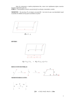 3
Antes de começarmos a matéria propriamente dita, vamos rever rapidamente alguns conceitos
bastantes importantes para nós.
FORÇA : É uma grandeza vetorial, caracterizada pôr sua direção, intensidade e sentido.
MOMENTO : De uma força F em relação a um ponto O é um vetor tal que a sua intensidade é igual
ao produto do módulo da força pela sua distância ao ponto º
BINÁRIO :
RESULTANTE DE FORÇAS :
MOMENTO RESULTANTE :
∑∑M = 5 x 2 – 4 x 2 – 4 x 1 = - 2 tfm
Z
F
0 2 1 2 10
o
ZZ
2
M = F.z - F.z M = F( z - z )= F.z
o
F
Z
M = F . zM = F . z
o
Z
F
F
1
F
2 3
F 4
F
2F
F1 F3
4FR
5t4t
4
1n
2m 2m
0
 