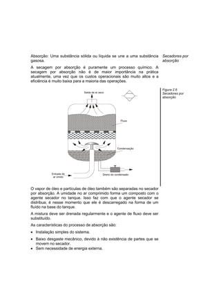 Absorção: Uma substância sólida ou líquida se une a uma substância
gasosa.
A secagem por absorção é puramente um processo químico. A
secagem por absorção não é de maior importância na prática
atualmente, uma vez que os custos operacionais são muito altos e a
eficiência é muito baixa para a maioria das operações.
Secadores por
absorção
Figura 2.6
Secadores por
absorção
O vapor de óleo e partículas de óleo também são separadas no secador
por absorção. A umidade no ar comprimido forma um composto com o
agente secador no tanque. Isso faz com que o agente secador se
distribua; é nesse momento que ele é descarregado na forma de um
fluído na base do tanque.
A mistura deve ser drenada regularmente e o agente de fluxo deve ser
substituído.
As características do processo de absorção são:
 Instalação simples do sistema.
 Baixo desgaste mecânico, devido à não existência de partes que se
movem no secador.
 Sem necessidade de energia externa.
 