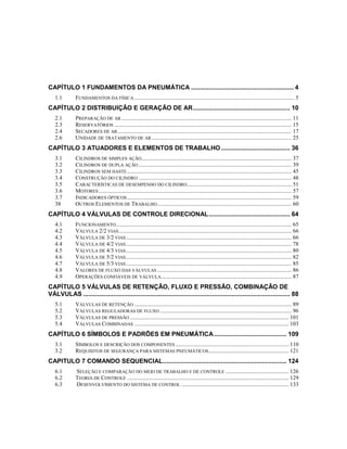 CAPÍTULO 1 FUNDAMENTOS DA PNEUMÁTICA .......................................................... 4
1.1 FUNDAMENTOS DA FÍSICA ................................................................................................................ 5
CAPÍTULO 2 DISTRIBUIÇÃO E GERAÇÃO DE AR....................................................... 10
2.1 PREPARAÇÃO DE AR ....................................................................................................................... 11
2.3 RESERVATÓRIOS ............................................................................................................................ 15
2.4 SECADORES DE AR.......................................................................................................................... 17
2.6 UNIDADE DE TRATAMENTO DE AR.................................................................................................. 25
CAPÍTULO 3 ATUADORES E ELEMENTOS DE TRABALHO ....................................... 36
3.1 CILINDROS DE SIMPLES AÇÃO......................................................................................................... 37
3.2 CILINDROS DE DUPLA AÇÃO ........................................................................................................... 39
3.3 CILINDROS SEM HASTE................................................................................................................... 45
3.4 CONSTRUÇÃO DO CILINDRO ........................................................................................................... 48
3.5 CARACTERÍSTICAS DE DESEMPENHO DO CILINDRO......................................................................... 51
3.6 MOTORES....................................................................................................................................... 57
3.7 INDICADORES ÓPTICOS................................................................................................................... 59
38 OUTROS ELEMENTOS DE TRABALHO.............................................................................................. 60
CAPÍTULO 4 VÁLVULAS DE CONTROLE DIRECIONAL.............................................. 64
4.1 FUNCIONAMENTO........................................................................................................................... 65
4.2 VÁLVULA 2/2 VIAS......................................................................................................................... 66
4.3 VÁLVULA DE 3/2 VIAS.................................................................................................................... 66
4.4 VÁLVULA DE 4/2 VIAS.................................................................................................................... 78
4.5 VÁLVULA DE 4/3 VIAS.................................................................................................................... 80
4.6 VÁLVULA DE 5/2 VIAS.................................................................................................................... 82
4.7 VÁLVULA DE 5/3 VIAS.................................................................................................................... 85
4.8 VALORES DE FLUXO DAS VÁLVULAS .............................................................................................. 86
4.9 OPERAÇÕES CONFIÁVEIS DE VÁLVULA........................................................................................... 87
CAPÍTULO 5 VÁLVULAS DE RETENÇÃO, FLUXO E PRESSÃO, COMBINAÇÃO DE
VÁLVULAS ..................................................................................................................... 88
5.1 VÁLVULAS DE RETENÇÃO .............................................................................................................. 89
5.2 VÁLVULAS REGULADORAS DE FLUXO ............................................................................................ 96
5.3 VÁLVULAS DE PRESSÃO ............................................................................................................... 101
5.4 VÁLVULAS COMBINADAS ............................................................................................................ 103
CAPÍTULO 6 SÍMBOLOS E PADRÕES EM PNEUMÁTICA......................................... 109
3.1 SÍMBOLOS E DESCRIÇÃO DOS COMPONENTES ............................................................................... 110
3.2 REQUISITOS DE SEGURANÇA PARA SISTEMAS PNEUMÁTICOS........................................................ 121
CAPITULO 7 COMANDO SEQUENCIAL...................................................................... 124
6.1 SELEÇÃO E COMPARAÇÃO DO MEIO DE TRABALHO E DE CONTROLE ............................................ 126
6.2 TEORIA DE CONTROLE ................................................................................................................. 129
6.3 DESENVOLVIMENTO DO SISTEMA DE CONTROL ........................................................................... 133
 