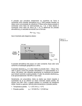 A pressão que prevalece diretamente na superfície da Terra é
conhecida como pressão atmosférica (pamb). Esta pressão também se
refere como uma pressão de referência. A faixa acima dessa pressão é
conhecida como faixa de sobre-pressão (pe > 0), a faixa abaixo é
conhecida como faixa de vácuo (pe < 0). O diferencial de pressão
atmosférica pe é calculado de acordo com a fórmula:
Pe = pabs – pamb
Isso é ilustrado pelo diagrama abaixo:
Figura 1.1
Pressão do ar
A pressão atmosférica não possui um valor constante. Esse valor varia
conforme a localização geográfica e o clima.
A pressão absoluta pabs é o valor relativo à pressão Zero – Vácuo. Seu
valor é igual à soma da pressão atmosférica e a sobre-pressão ou o
vácuo. Na prática, são utilizados geralmente os medidores de pressão
que indicam somente a sobre-pressão. O valor de pressão absoluta pabs
é de aproximadamente 100 kPA (1 bar) maior.
Geralmente, em pneumática, todos os dados que dizem respeito à
quantidade de ar se referem ao assim chamado estado padrão. De
acordo com DIN 1343, o estado padrão é a condição da substância
sólida, líquida ou gasosa, definida pela temperatura e pressão padrão.
 Temperatura padrão: Tn = 273,15 K, tn = 0 ºC
 Pressão padrão: pn = 101325 Pa = 1,01325 bar
Pressão
atmosférica
flutuante
 
