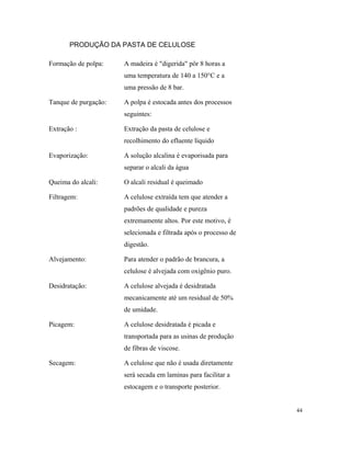 PRODUÇÃO DA PASTA DE CELULOSE
Formação de polpa: A madeira é "digerida" pôr 8 horas a
uma temperatura de 140 a 150°C e a
uma pressão de 8 bar.
Tanque de purgação: A polpa é estocada antes dos processos
seguintes:
Extração : Extração da pasta de celulose e
recolhimento do efluente líquido
Evaporização: A solução alcalina é evaporisada para
separar o alcali da água
Queima do alcali: O alcali residual é queimado
Filtragem: A celulose extraída tem que atender a
padrões de qualidade e pureza
extremamente altos. Por este motivo, é
selecionada e filtrada após o processo de
digestão.
Alvejamento: Para atender o padrão de brancura, a
celulose é alvejada com oxigênio puro.
Desidratação: A celulose alvejada é desidratada
mecanicamente até um residual de 50%
de umidade.
Picagem: A celulose desidratada é picada e
transportada para as usinas de produção
de fibras de viscose.
Secagem: A celulose que não é usada diretamente
será secada em laminas para facilitar a
estocagem e o transporte posterior.
44
 