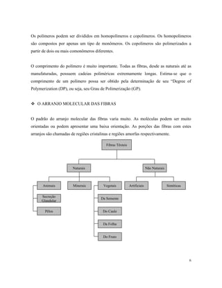 Os polímeros podem ser divididos em homopolímeros e copolímeros. Os homopolímeros
são compostos por apenas um tipo de monômeros. Os copolímeros são polimerizados a
partir de dois ou mais comonômeros diferentes.
O comprimento do polímero é muito importante. Todas as fibras, desde as naturais até as
manufaturadas, possuem cadeias poliméricas extremamente longas. Estima-se que o
comprimento de um polímero possa ser obtido pela determinação de seu “Degree of
Polymerization (DP), ou seja, seu Grau de Polimerização (GP).
 O ARRANJO MOLECULAR DAS FIBRAS
O padrão do arranjo molecular das fibras varia muito. As moléculas podem ser muito
orientadas ou podem apresentar uma baixa orientação. As porções das fibras com estes
arranjos são chamadas de regiões cristalinas e regiões amorfas respectivamente.
6
Da Semente
Secreção
Glandular
Do Caule
Da Folha
Não Naturais
Fibras Têxteis
Naturais
Animais Minerais Vegetais Artificiais Sintéticas
Pêlos
Do Fruto
 