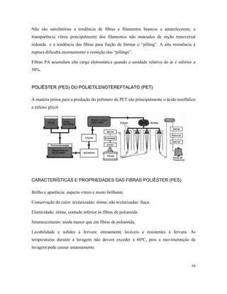 Não são satisfatórias a tendência de fibras e filamentos brancos a amarelecerem, a
transparência vítrea principalmente dos filamentos não mateados de seção transversal
redonda e a tendência das fibras para fiação de formar o “pilling”. A alta resistência à
ruptura dificulta enormemente a remoção dos “pillings”.
Fibras PA acumulam alta carga eletrostática quando a umidade relativa do ar é inferior a
50%.
POLIÉSTER (PES) OU POLIETILENOTEREFTALATO (PET)
POLIÉSTER (PES) OU POLIETILENOTEREFTALATO (PET)
A matéria prima para a produção do polímero de PET são principalmente o ácido tereftálico
e etileno glicol.
CARACTERÍSTICAS E PROPRIEDADES DAS FIBRAS POLIÉSTER (PES)
Brilho e aparência: aspecto vítreo e muito brilhante
Conservação do calor: texturizadas: ótima; não texturizadas: fraca.
Elasticidade: ótima, contudo inferior às fibras de poliamida.
Intumescimento: ainda menor que em fibras de poliamida.
Lavabilidade e solidez à fervura: otimamente laváveis e resistentes à fervura. As
temperaturas durante a lavagem não devem exceder a 60ºC, pois a movimentação da
lavagem pode causar amassamento.
68
 