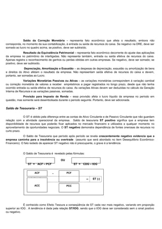 Saldo da Correção Monetária – representa fato econômico que afeta o resultado, embora não
corresponda, no momento da sua contabilização, à entrada ou saída de recursos do caixa. Se negativo na DRE, deve ser
somado ao lucro no quadro acima, se positivo, deve ser subtraído.
               Resultado da Equivalência Patrimonial – representa fato econômico decorrente do ajuste das aplicações
da empresa no patrimônio de interligadas. Não representa também, entrada ou saída efetiva de recursos do caixa.
Apenas registra o reconhecimento de ganhos ou perdas obtidas em outras empresas. Se negativo, deve ser somado; se
positivo, deve ser subtraído.
                Depreciação, Amortização e Exaustão – as despesas de depreciação, exaustão ou amortização de bens
e direitos do Ativo afetam o resultado da empresa. Não representam saída efetiva de recursos do caixa e devem,
portanto, ser somadas ao Lucro.
              Variações Monetárias Passivas ou Ativas – as variações monetárias correspondem à variação cambial
ou correção monetária de valores a receber empréstimos a pagar registrados no longo prazo, desde que não tenha
ocorrido entrada ou saída efetiva de recursos do caixa. As variações Ativas devem ser deduzidas no cálculo da Geração
Interna de Recursos e as variações passivas, somadas.
             Provisão para Imposto de Renda – essa provisão afeta o lucro líquido da empresa no período em
questão, mas somente será desembolsada durante o período seguinte. Portanto, deve ser adicionada.


Saldo de Tesouraria – ST

               O ST é obtido pela diferença entre as contas de Ativo Circulante e de Passivo Circulante que não guardam
relação com a atividade operacional da empresa. Saldo de tesouraria ST positivo significa que a empresa tem
disponibilidade de recursos que poderão ficar aplicados no mercado financeiro e utilizados a qualquer momento no
aproveitamento de oportunidades negociais. O ST negativo demonstra dependência de fontes onerosas de recursos no
curto prazo.
              O Saldo de Tesouraria que período após período se revela crescentemente negativo evidencia que a
empresa caminha para a insolvência ou overtrade (assunto que será abordado no item Desequilíbrio Econômico-
Financeiro). O fato isolado de aparecer ST negativo não é preocupante, o grave é a tendência.


             O Saldo de Tesouraria é revelado pelas fórmulas:

                                            OU
                 ST =    ACF – PCF                     ST =   CDG – IOG


                       ACF           -           PCF

                   Aplicações                                   =    ST (-)
                    Cíclicas
                      ACC                        PCC




              É conhecido como Efeito Tesoura a conseqüência de ST cada vez mais negativo, variando em proporção
superior ao IOG . A tendência é dada pela relação ST/IOG, sendo que o IOG deve ser considerado sem o sinal positivo
ou negativo.
                                                                                                                 15
 