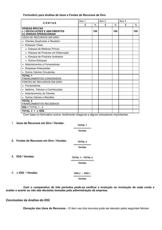 Formulário para Análise de Usos e Fontes de Recursos de Giro

                                                             Ano 1                  Ano 2         Ano 3
                               CONTAS
                                                                  $             %       $   %         $   %
           VENDAS BRUTAS
           (- ) DEVOLUÇÕES E ABATIMENTOS                                     100            100           100
           (=) VENDAS OPERACIONAIS
           USOS DE RECURSOS EM GIRO
           • Clientes (Duplicatas a Receber)
           • Estoques Totais
              • Estoque de Matérias Primas
              • Estoque de Produtos em Elaboração
              • Estoque de Produtos Acabados
              • Outros Estoques
           • Adiantamentos a Fornecedores
           • Despesas Antecipadas
           • Outros Valores Circulantes
           TOTAL 1
           FINANCIAMENTOS CONCEDIDOS
           FONTES DE RECURSOS EM GIRO
           • Fornecedores
           • Salários, Tributos e Contribuições
           • Adiantamentos de Clientes
           • Outros Valores a Recolher
           TOTAL 2
           FINANCIAMENTOS RECEBIDOS
           IOG = TOTAL 1 - 2
           TOTAL 3 = ∆ IOG
            Com base no formulário acima, facilmente chega-se a alguns indicadores importantes:


    1. Usos de Recursos em Giro / Vendas :
                                                           TOTAL 1
                                                       -------------------
                                                            Vendas



    2. Fontes de Recursos em Giro / Vendas:                TOTAL 2
                                                       -------------------
                                                            Vendas



    3. IOG / Vendas:                                 TOTAL 1 – TOTAL 2
                                                    -------------------------
                                                            Vendas



    4. ∆ IOG / Vendas:                                 IOGx2 – IOGx1
                                                       -------------------
                                                            Vendas


              Com o comparativo de três períodos pode-se verificar a evolução ou involução de cada conta e
avaliar o acerto ou não das decisões tomadas pela administração da empresa.


Conclusões da Análise do IOG

            Elevação dos Usos de Recursos – O item uso dos recursos pode ser elevado pelos seguintes fatores:


                                                                                                                17
 