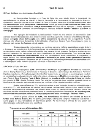 3                                                            Fluxo de Caixa

O Fluxo de Caixa e as Informações Contábeis

             As Demonstrações Contábeis e o Fluxo de Caixa têm uma relação intima e fundamental. Se
desconsiderarmos os efeitos da inflação, o Balanço Patrimonial e a Demonstração do Resultado do Exercício,
apresentam a distribuição lógica e racional do Fluxo de Caixa da Empresa no decorrer do período. O Ativo possui, além
das disponibilidades e das aplicações de caixa efetuadas, direitos que estão para se transformar em caixa e bens
que estão representando o montante de caixa já desembolsado em função de sua aquisição. O passivo representa
valores a desembolsar futuramente. Na Demonstração do Resultado aparecem receitas e despesas que foram ou
serão pagas.

               Nas aquisições de mercadorias a prazo acontece o registro no ativo antes do seu desembolso e pode
acontecer de serem baixados esses bens antes mesmo do respectivo pagamento, denotando uma diferença no tempo
em que se registra o lucro da transação com o efetivo aparecimento no caixa do valor correspondente. A grande
diferença entre o Regime de Competência da Contabilidade e o Regime de Caixa de Fluxos financeiros puros reside na
alocação mais correta dos fluxos de entrada e saída.

              O registro das vendas no momento de sua ocorrência representa melhor a capacidade de geração de lucro
e de caixa do que o recebimento do dinheiro dos clientes, e a contraposição do custo das mercadorias vendidas a essas
vendas mostram muito melhor o diferencial produzido pela operação do que o registro. Geralmente acontece em um
período o pagamento das mercadorias, e no outro, o recebimento das transações realizadas. Como ambos os fluxos
financeiros não acontecem simultaneamente, isto é, não há coincidência entre o recebimento e o pagamento, o
regime de caixa puro e simples produziria distorções na mensuração do quanto se esta ganhando ou perdendo
nas operações. O Regime de Competência, em que se tem a junção e a confrontação entre os fluxos de entrada e saída
e o seu respectivo saldo, evidencia o que não é tão visível no puro fluxo de caixa.


A DOAR e o Fluxo de Caixa
               Para a elaboração da DOAR – Demonstração das Origens e Aplicações de Recursos são necessários,
além do Balanço Patrimonial, a Demonstração do Resultado do Exercício, a Demonstração das Mutações do Patrimônio
Líquido e mais algumas informações que permitem identificar as ocorrências que afetaram os seguintes grupos: resultado
de exercícios futuros, ativo permanente, realizável e exigível a longo prazo. A DOAR tem uma conotação mais genérica
que o Fluxo de Caixa. Enquanto o Fluxo de Caixa é baseado nas entradas e saídas efetivas de dinheiro, ela trabalha
com conceito de CCL – Capital Circulante Líquido. Para uma boa compreensão desse conceito é necessário clareza na
identificação das operações realizadas pela empresa que modificam o CCL e aquelas que não o modificam.
               Quando estamos falando em CCL, envolvemos apenas os itens circulantes do balanço. A DOAR abrange a
variação do CCL, mais as variações nos passivos não circulantes, compreendendo, portanto, todo o balanço. Os itens
circulantes são apresentados diretamente pela diferença entre o ativo e o passivo circulante, enquanto que os não
circulantes precisam ser detalhados para identificarmos as causas que provocaram suas variações. Na página seguinte,
demonstra-se um quadro com transações, seus grupos (circulante e não circulante) e a influencia na CCL.
             Apesar da grande utilidade da DOAR, este demonstrativo nos fornece um conceito de fluxo de
fundos, e não de fluxo de caixa. Não nos permite, por exemplo, saber quanto a empresa recebeu de seus clientes e
quanto pagou aos seus fornecedores em determinado período. As movimentações efetivas de caixa podem ser
observadas pela analise do fluxo de caixa (cash flow).


        Transações e seus efeitos sobre o CCL

                                                                Evolve                  Afeta o CCL
                         Transações
                                                    AC    ANC            PC   PNC     SIM       NÃO

              Compra de mercadoria a vista      X                                                 X

              Compra de mercadoria a prazo          X                    X                        X

              Compra de imobilizado a vista         X       X                          X
                                                                                                                22
 