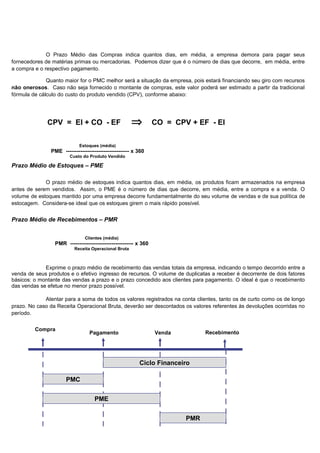 O Prazo Médio das Compras indica quantos dias, em média, a empresa demora para pagar seus
fornecedores de matérias primas ou mercadorias. Podemos dizer que é o número de dias que decorre, em média, entre
a compra e o respectivo pagamento.

              Quanto maior for o PMC melhor será a situação da empresa, pois estará financiando seu giro com recursos
não onerosos. Caso não seja fornecido o montante de compras, este valor poderá ser estimado a partir da tradicional
fórmula de cálculo do custo do produto vendido (CPV), conforme abaixo:




              CPV = EI + CO - EF                      ⇒          CO = CPV + EF - EI .

                            Estoques (média)
               PME ----------------------------------- x 360
                        Custo do Produto Vendido

Prazo Médio de Estoques – PME

             O prazo médio de estoques indica quantos dias, em média, os produtos ficam armazenados na empresa
antes de serem vendidos. Assim, o PME é o número de dias que decorre, em média, entre a compra e a venda. O
volume de estoques mantido por uma empresa decorre fundamentalmente do seu volume de vendas e de sua política de
estocagem. Considera-se ideal que os estoques girem o mais rápido possível.


Prazo Médio de Recebimentos – PMR


                               Clientes (média)
                 PMR ----------------------------------- x 360
                          Receita Operacional Bruta



             Exprime o prazo médio de recebimento das vendas totais da empresa, indicando o tempo decorrido entre a
venda de seus produtos e o efetivo ingresso de recursos. O volume de duplicatas a receber é decorrente de dois fatores
básicos: o montante das vendas a prazo e o prazo concedido aos clientes para pagamento. O ideal é que o recebimento
das vendas se efetue no menor prazo possível.

             Atentar para a soma de todos os valores registrados na conta clientes, tanto os de curto como os de longo
prazo. No caso da Receita Operacional Bruta, deverão ser descontados os valores referentes às devoluções ocorridas no
período.


         Compra
                                 Pagamento                       Venda         Recebimento




                                                         Ciclo Financeiro

                      PMC


                                    PME


                                                                         PMR
                                                                                                                9
 