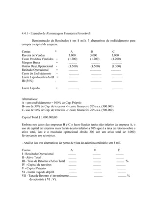 4.4.1 - Exemplo de Alavancagem Financeira Favorável:

       Demonstração de Resultados ( em $ mil); 3 alternativas de endividamento para
compor o capital da empresa.

Contas                   *                  A               B                   C
Receita de Vendas                       3.000             3.000               3.000
Custo Produtos Vendidos -               (1.200)           (1.200)             (1.200)
Margem Bruta               =              ..........       ............       .............
Outras Desp.Operacional -               (1.500)            (1.500)             (1.500)
Resltado Operacional       =             ............     ..............     .............
Custo do Endividamnto      -              .............    ..............     ..............
Lucro Líquido antes do IR =               ............      .............      ..............
IR (35%)                 -              ............      ..............      ..............

Lucro Líquido                =          ..............     ..............     ..............


Alternativas:
A - sem endividamento = 100% de Cap. Próprio
B- uso de 30% de Cap. de terceiros -> custo financeiro 20% a.a. (300.000)
C- uso de 50% de Cap. de terceiros -> custo financeiro 20% a.a. (500.000)

Capital Total $ 1.000.000,00

Embora nos casos das empresas B e C o lucro líquido tenha sido inferior da empresa A, o
uso de capital de terceiros mais barato (custo inferior a 30% que é a taxa de retorno sobre o
ativo total, isto é o resultado operacional obtido 300 sob um ativo total de 1.000)
favorecendo aos acionistas.

- Analise das tres alternativas do ponto de vista do acionista ordinário: em $ mil.

Contas                                  A                      B                      C
I - Resultado Operacional            ..........              ..........            ..........
II - Ativo Total                     ..........              ..........            ..........
III - Taxa de Retorno s/Ativo Total ..........                ..........            .......... %
IV - Capital de terceiros            ..........              ..........            ............
V - Capital Próprio                   ..........              ..........             ...........
VI - Lucro Líquido dep.IR             ..........              ...........            ...........
VII - Taxa de Retorno s/ investimento ..........               ...........            ........... %
       do acionista ( VI : V).
 