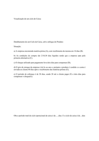Visualização de um ciclo de Caixa:




Detalhamento de um Ciclo de Caixa, sob o enfoque do Produto:

Situação;

a) A empresa encomenda matéria-prima (A), com recebimento da mesma em 14 dias (B).

b) As condições de compra são 2/10,30 dias líquidos sendo que a empresa opta pela
primeira alternativa (C);

c) O cheque utilizado para pagamento leva dois dias para compensar (D);

d) O giro de estoque da empresa é de 6x ao ano e, portanto o produto é vendido e a conta é
enviada ao cliente 60 dias após o recebimento das matérias-primas (E);

e) O período de cobrança é de 30 dias, sendo 28 até o cliente pagar (F) e dois dias para
compensar o cheque(G).




Obs:o período total do ciclo operacional de caixa é de......dias. E o ciclo de caixa é de....dias
 