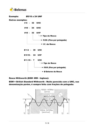 Exemplo: Ø5/16 x 24 UNF
Outros exemplos:
Rosca Withworth (BSW -WW - Inglesa):
BSW = British Standard Withworth - Muito parecida com a UNC, sua
denominação porém, é sempre feita com frações de polegada:
15 / 38
 