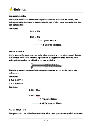 adequadamente.
São normalmente denominados pelo diâmetro externo da rosca, em
milímetros (há também a denominação por nº de rosca seguido dos fios
por polegada):
Exemplo:
Rosca Madeira:
Muito parecida com a rosca auto atarraxante, porém não possui dureza
suficiente para ter a mesma aplicação. São geralmente usados para
aplicação com bucha plástica ou em madeira.
São normalmente denominadas pelo diâmetro externo da rosca em
milímetro:
Exemplo:
Ø 4.2 é o #-18
Ø 2.9 é o # -24
Exemplo:
Rosca Chipboard:
Tempos atrás, os móveis eram montados com parafusos madeira ou auto
18 / 38
 