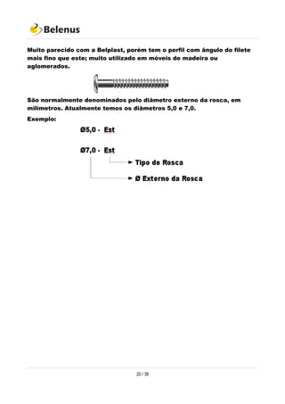 Muito parecido com a Belplast, porém tem o perfil com ângulo do filete
mais fino que este; muito utilizado em móveis de madeira ou
aglomerados.
São normalmente denominados pelo diâmetro externo da rosca, em
milímetros. Atualmente temos os diâmetros 5,0 e 7,0.
Exemplo:
20 / 38
 