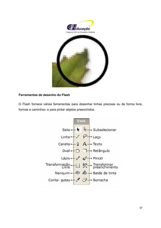Programa CIEE de Educação a Distância
37
Ferramentas de desenho do Flash
O Flash fornece várias ferramentas para desenhar linhas precisas ou de forma livre,
formas e caminhos, e para pintar objetos preenchidos.
 