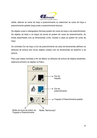 Programa CIEE de Educação a Distância
50
sólida, alternar as cores de traço e preenchimento ou selecionar as cores de traço e
preenchimento padrão (traço preto e preenchimento branco).
Os objetos ovais e retangulares (formas) podem ter cores de traço e de preenchimento.
Os objetos de texto e os traços do pincel só podem ter cores de preenchimento. As
linhas desenhadas com as ferramentas Linha, Caneta e Lápis só podem ter cores de
traço.
Os controles Cor de traço e Cor de preenchimento da caixa de ferramentas definem os
atributos de pintura dos novos objetos criados com as ferramentas de desenho e de
pintura.
Para usar esses controles a fim de alterar os atributos de pintura de objetos existentes,
selecione primeiro os objetos no Palco.
Cor do
traçado
Cor do
preenchimento
Botão de troca da ordem do
Traçado e Preenchimento
Botão “Nenhum(a)”
Traçado e Preenchimento padrão
 
