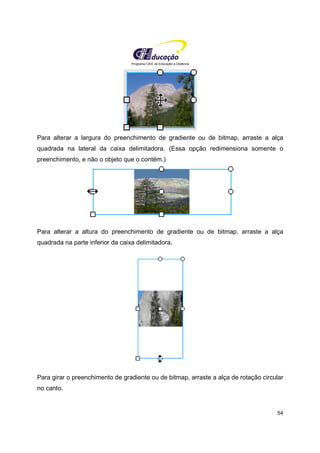 Programa CIEE de Educação a Distância
54
Para alterar a largura do preenchimento de gradiente ou de bitmap, arraste a alça
quadrada na lateral da caixa delimitadora. (Essa opção redimensiona somente o
preenchimento, e não o objeto que o contém.)
Para alterar a altura do preenchimento de gradiente ou de bitmap, arraste a alça
quadrada na parte inferior da caixa delimitadora.
Para girar o preenchimento de gradiente ou de bitmap, arraste a alça de rotação circular
no canto.
 